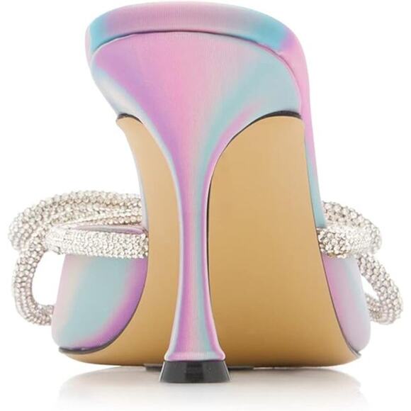 Women High Heeled Mules Crystal Rhinestones Double Bow Sandal Pointed Toe Summer - Picture 5 of 8